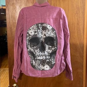 Lucky Brand Reddish Denim Upcycled Shirt M Skull